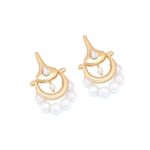 French vintage style gold pearl earrings with sparkling zircon drop on white background