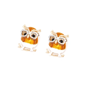 Süße Eulen-Ohrringe mit Brille aus Gold-Orange-Emaille auf Zweigen für Frauen