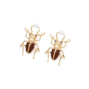 Creative beetle stud earrings with gold plating, brown enamel, and white pearls