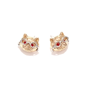 Cute golden cat stud earrings with silver glasses and red gemstone eyes for women