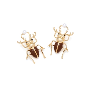 Creative gold-plated beetle earrings with brown enamel wings and white pearl accents