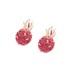 Sparkling pink rhinestone dragon fruit earrings with gold-tone crystal studded stem accents
