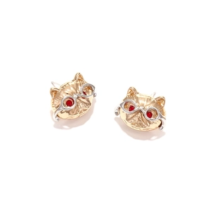 Cute golden cat stud earrings with silver glasses and ruby-colored zircon eyes