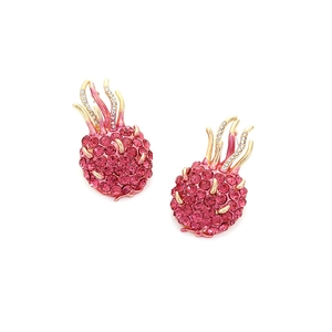 Elegant dragon fruit stud earrings featuring vibrant pink crystals and golden leaves