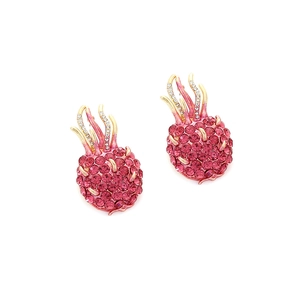 Close-up of dragon fruit earrings with pink crystals and gold alloy leaf details