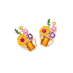Vintage-Blumen-Ohrringe als Gießkanne mit bunten Strasssteinen und goldener Legierung