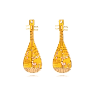 Alloy Enamel Pipa Shape Drop Earrings Chinese Style Deer Lotus Pattern Traditional Accessory Women Hanfu Jewelry