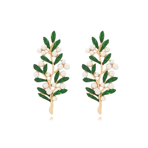 Elegant Green Leaf Earrings Zinc Alloy Enamel With White Faux Artificial Pearl Vintage Forest Style Fashion Jewelry For Women
