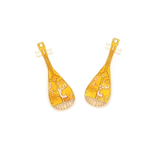 Elegant Chinese style lute earrings with enamel deer and lotus patterns on gold alloy