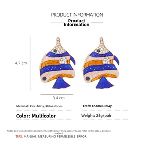 Detail showing colorful tropical fish earrings with dimensions 4.7cm x 3.4cm and weight 25g