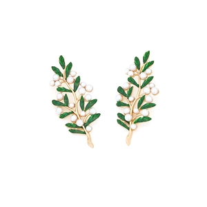 Elegant gold leaf earrings with green enamel and white pearls in a nature-inspired design