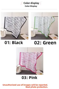 Detailed view of sea shell and starfish printed satin scarves in black, green, and pink
