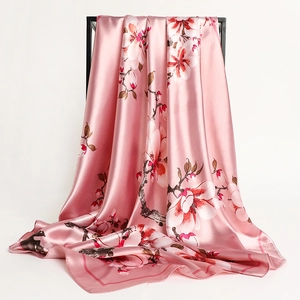 Elegant Square Scarf Polyester Satin Satin Like Floral Print Magnolia Pattern Large Sunscreen Hair Wrap Headscarf For Women