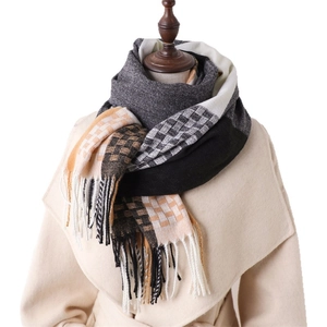 Fashionable plaid tassel scarf with color block pattern displayed on a mannequin
