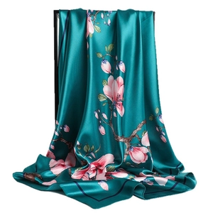 Deep teal 90cm square satin silk scarf with elegant pink magnolia floral print