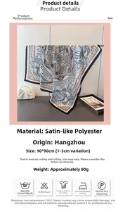 Detail view of 90x90cm satin silk square scarf with vintage equestrian print pattern
