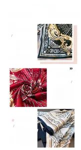 Detailed view of printed satin silk scarf featuring vintage patterns and machine-stitched edges