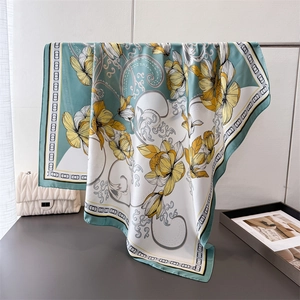 Elegant satin floral large square scarf in mint green and yellow, premium silk-like finish
