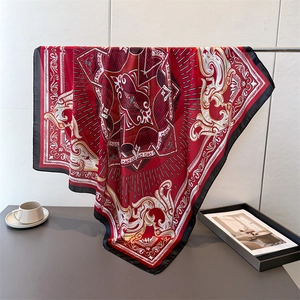 Luxurious satin silk scarf with deep red baroque pattern and vintage glossy finish