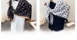 Detail of silk-feel scarves with geometric dot prints and C-pattern neck wrap for women