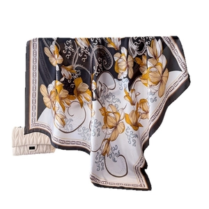 Elegant satin floral square scarf with classical lily patterns and gold trim detailing