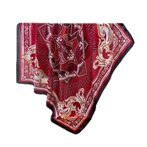 Baroque print satin silk square scarf in deep red with elegant golden floral patterns
