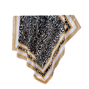 Elegant leopard print satin silk scarf with golden chain border for women accessory