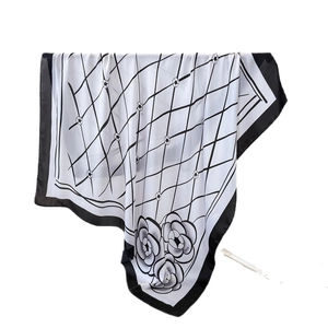 Elegant black and white camellia floral print satin silk square scarf for women
