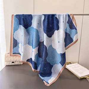 Elegant floral satin silk square scarf in blue and white with champagne gold border