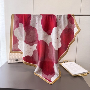Elegant Floral Print Satin Square Scarf Imitation Satin Camellia Pattern Shawl Wrap Fashion Women Neck Headscarf