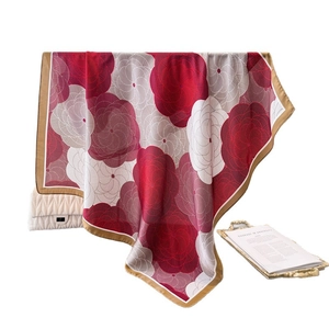 Elegant floral satin silk scarf with abstract red and white patterns for women