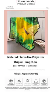 Detail view of 90x90cm satin square scarf with green peacock and forest floral print