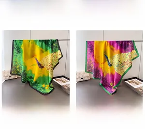 Silk-satin square scarf with colorful peacock print in green and purple options