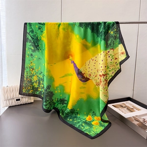 Peacock Print Satin Square Scarf Elegant Imitation Satin Shawl Wrap Artistic Fashion Hair Turban For Women
