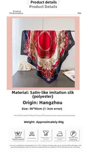 Close-up of luxury chain print satin scarf showing elegant glossy texture and 90x90cm detail