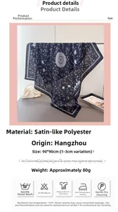 Detailed view of 90x90cm satin scarf with dark blue mandala and animal print motifs