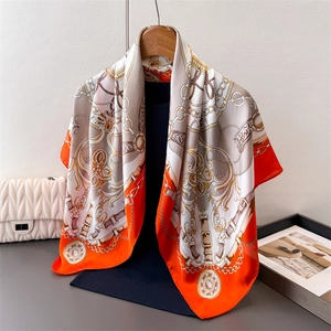 Luxury satin silk scarf with vintage chain print and floral pattern for women