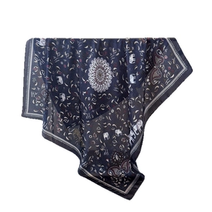 Navy blue satin silk scarf with mandala patterns and ethnic elephant prints