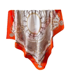 Luxury satin silk square scarf featuring vibrant orange chain and belt pattern prints