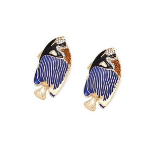 Golden tropical fish earrings with colorful enamel and sparkling rhinestones for women