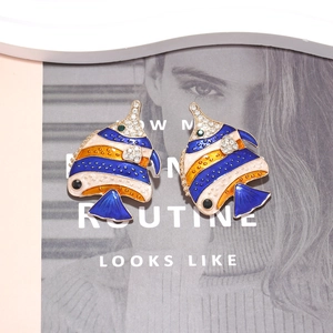 Tropical fish earrings with colorful enamel stripes and sparkling crystal accents