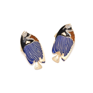 Exaggerated tropical fish earrings with blue enamel and sparkling rhinestones