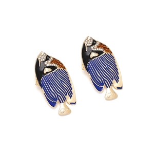 Detailed view of tropical fish earrings with blue enamel and sparkling rhinestones