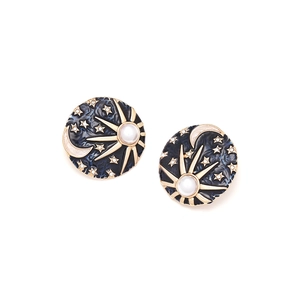 Vintage sun and moon stud earrings with blue enamel starry sky and pearl accents