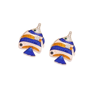 Tropical fish earrings with colorful enamel and sparkling rhinestones on gold alloy base