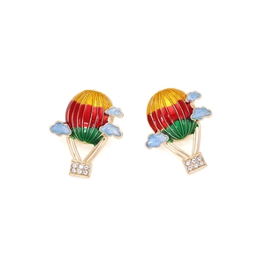 Colorful hot air balloon earrings with enamel stripes and blue clouds on white background