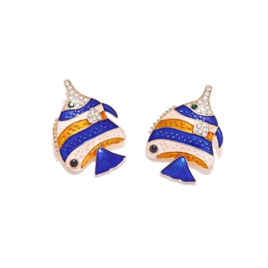 Colorful enamel tropical fish stud earrings with sparkling crystals in a symmetrical layout