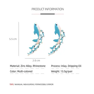 Marine whale drop earrings with blue rhinestones and gradient oil-drip effect, 5.5cm long