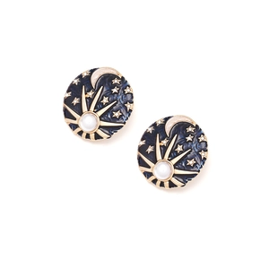 Vintage gold sun and moon earrings with blue marble enamel and pearl inlay for women
