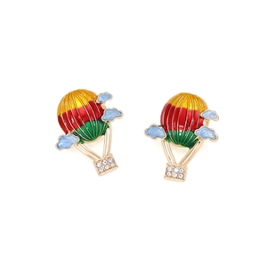 Colorful hot air balloon earrings with blue cloud accents and sparkling rhinestones